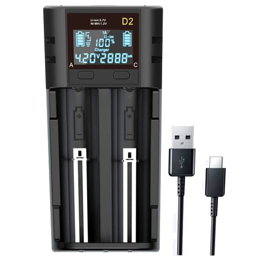 SEVENKA 18650 Battery Charger, 2 Bay Battery Charger with Smart LCD Display Fast Charge for Rechargeable Batteries Li-ion LiFePO4 NI-MH NI-Cd AA AAA C 21700 26650 13650 16340 18350 18700 RCR123