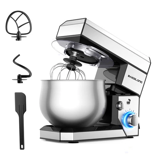 BAIGELONG 6+P Speeds Stand Mixer, 4.2QT Small Food Mixer with Stainless Steel Bowl, Dough Hook, Beater, Whisk & Scraper, Electric Kitchen Mixer Dough Mixer for Baking, Most Home Cooks, Silver