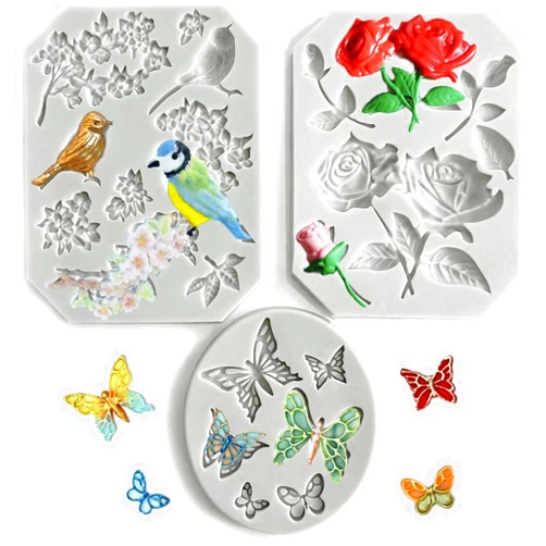 FantasyBear 3pcs Mold Set Blossoms Butterfly and Birds Silicone Molds, for Cake Decoration,Chocolate Fondant,Cupcake Topper,Polymer Clay, Crafting Projects,Resin Jewelry Casting