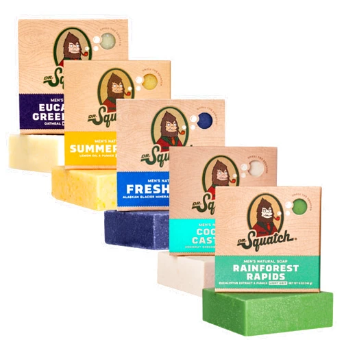 Dr. Squatch Natural Bar Soap for Men Variety Gift Set - Cold Process Soap No Harsh Chemicals - Rainforest Rapids, Coconut Castaway, Fresh Falls, Summer Citrus & Eucalyptus Greek Yogurt (5 oz, 5-Pack)