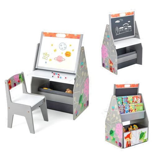 Costzon 3 in 1 Kids Easel with Chair, Wooden Art Table with Adjustable Double-Sided Magnetic Whiteboard & Blackboard, Bookshelf, Storage Bin, Kids Table and Chair Set for Drawing, Writing (Grey)