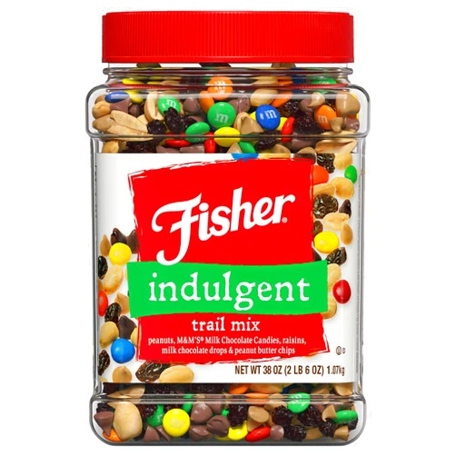 Fisher Snack Indulgent Trail Mix, 38 Ounces, Peanuts, Milk Chocolate Candies, Raisins, Milk Chocolate Drops, Peanut Butter Chips