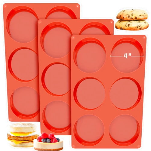 Ocmoiy 4 Inch Silicone Egg Molds for Baking/Jumbo Muffin Top Pans, 3 Pack Non-Stick Large Disc Shape Round Molds for Hamburger Bun, English Muffin, Tarts, Pies, Corn Bread, Egg Sandwich Breakfast