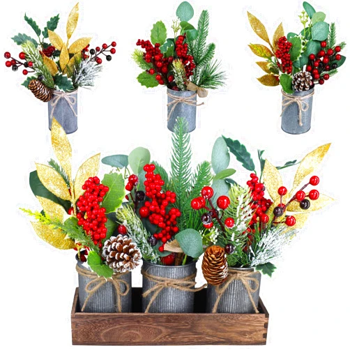 Winlyn Set of 3 Small Christmas Floral Arrangement Assorted Holly Red Berry Pine Cone Picks Artificial Christmas Picks in Rustic Galvanized Pots with Wood Box for Farmhouse Christmas Centerpiece Table Decor