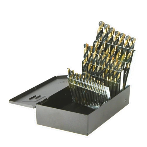 Drillco 350N Series Nitro 29 Piece High-Speed Steel Mechanics Length Drill Bit Set, Black and Gold Oxide Finish, Round with Flats Shank, Spiral Flute, 135 Degrees Split Point, 1/16