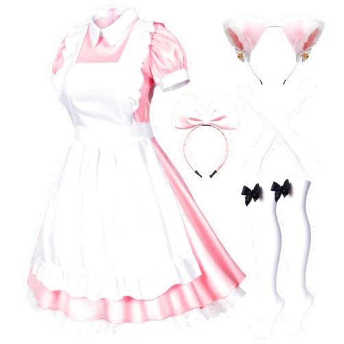 Wannsee Japanese Anime 6Pcs Lolita French Maid Apron Fancy Dress Cosplay Costume Gloves Headwear Socks set(Pink M)