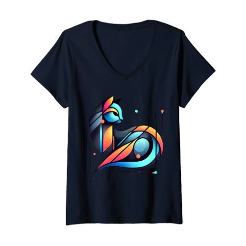 C-Lyn Designs Womens Vibrant Cat Design for Women Summer Tee V-Neck T-Shirt