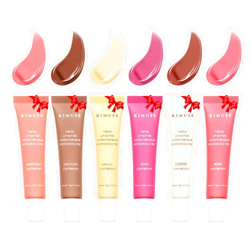 KIMUSE 6 Pcs Tinted Lip Butter Hydration Balm Set, 6 Flavored Shades Hydrating Plumping Gloss with Hyaluronic Acid & Vitamin E, Sheer Tint, Non-Sticky | Vegan Lip Care Makeup for Dry Lips & Daily
