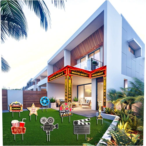 JIAYINGJIA Movie Night Supplies, 8Pcs Large Yard Decorations Outdoor, Movie Theme Party Yard Decor, Lawn signs with stakes, Movie Theater Decor, Hollywood, Red Carpet Birthday Party Decorations, Microphone Star Video Film for Movie Night Party Favors