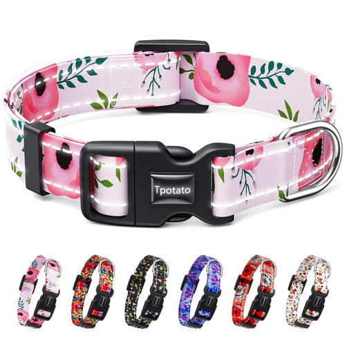 Tpotato Reflective Combination Pattern Girl Dog Collar for Puppy Small Medium Large Breed Dogs,Female Cute Floral Designer Dog Collars,Adjustable Soft Nylon Pet Collar,Quick Release Dog collar M
