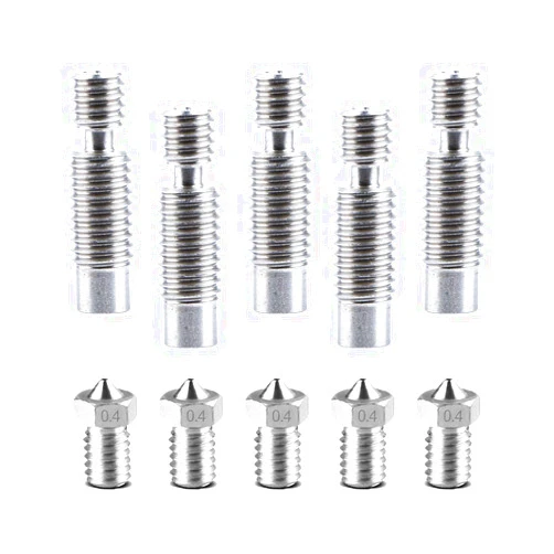 Houkr 0.4mm Stainless Steel Nozzle Extruder 3D Printer Head + 1.75mm Stainless Steel Nozzles Throat for 1.75mm Filament E3D V5-V6 3D Printer 10PCS
