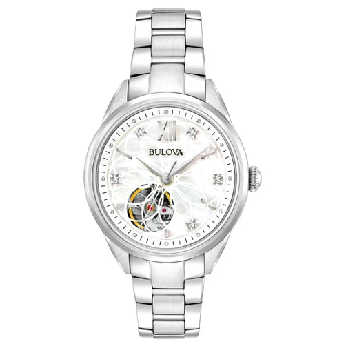 Bulova Ladies' Classic Diamond 3-Hand Automatic in Stainless Steel, Mother-of-Pearl Dial and Open Aperture Dial