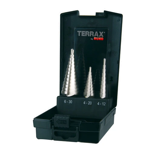 Ruko Terrax by Straight Fluted 3 Piece Step Drill Set Hss In Sizes 0, 1, 2, 9 in a stable, Practical Plastic Case A1011 – Pack of 1 26RO