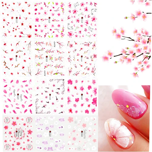 RYAOLFLY Sakura Nail Art Stickers Pink Flower Nail Supplies, Cherry Blossoms Tree with Leaves Water Transfer Nail Decals Wraps for Acrylic Nails Women Fashion Design for Girl (12 Sheet)