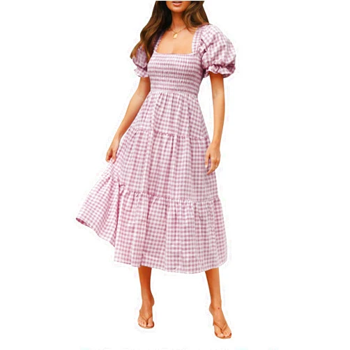 ZESICA Women's 2024 Bohemian Summer Plaid Square Neck Puff Sleeve Ruffle Flowy Beach Midi Dress