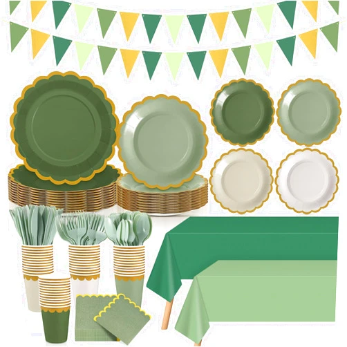 Mimorou 342 Pcs Sage Green Party Supplies Green Tableware Paper Disposable Plates Napkins Cups Plastic Tablecloth Sage Golden Triangle Banner for Wedding Bachelorette Birthday