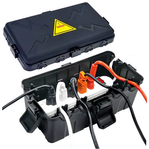 Hrensaw Medium Outdoor Electrical Box(10.6x5.5x4.5inch),Weatherproof Connection Box w/6 Cable Entry,IP54 Waterproof Extension Cord Cover Protect Power Strip,Timer,Plug,Holiday Lights,Black