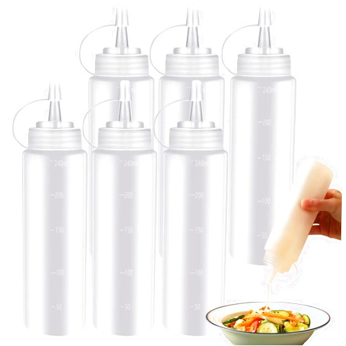 TACYKIBD 6 Pcs 8 Oz Condiment Squeeze Bottles, Plastic Squeeze Squirt Bottles with Twist on Caps and Measurement, Container Dispenser for Ketchup Mustard BBQ Sauces Salad Dressings Olive Oil