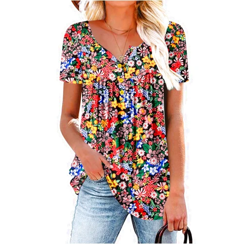 ROSELINLIN Women's Short Sleeve Shirts Floral Summer Tops Loose Fit for Leggings