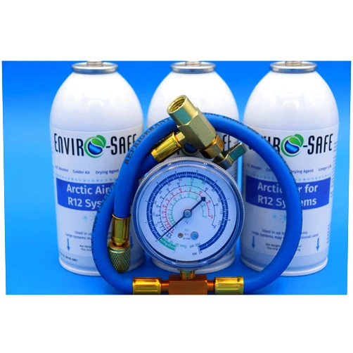 Generic Arctic Air for R12, 3 cans and a Brass Charging Gauge