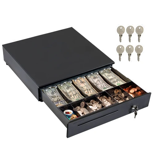Volcora Cash Register Drawer for Point of Sale (POS) System with Removable Coin Slots, 5 Bill/6 Coin, 24V, RJ11/RJ12 Key-Lock, Media Slot, Black