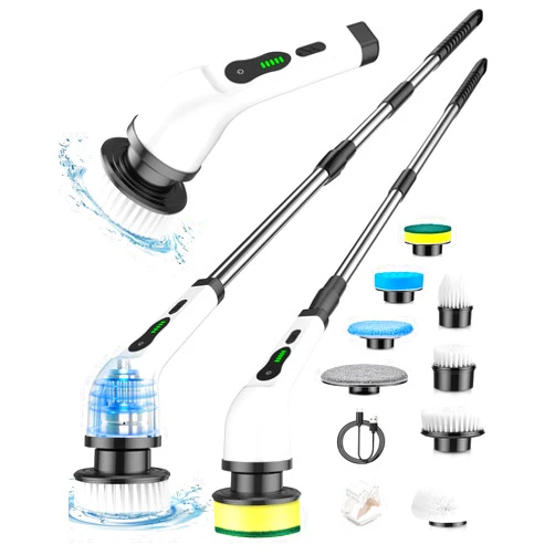 Lxlu Electric Spin Scrubber, Cordless Cleaning Brush, Shower Scrubber with 8 Brush Heads 2H Power Dual Speed, Adjustable Extension Handle, IPX7 Waterproof for Tub Tile Floor Car, O-White
