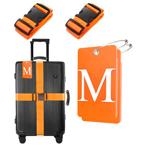 Egghat 2 Pack Luggage Straps- with 26 Initial Letter Travel Luggage Baggage Identification Labels ID Tag Fully Bendable Tags with Stainless Steel Loop (Orange) (Letter M)