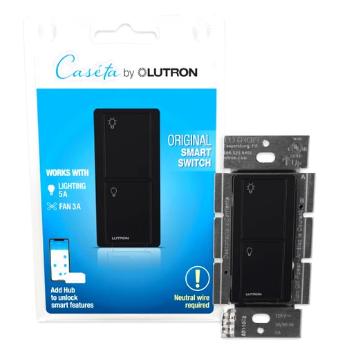 Lutron Caseta Original Smart Switch (Lutron Smart Hub Required), for LED Lights and Fans, 6 Amp, Single-Pole/3-Way, Neutral Required, PD-6ANS-BL, Black