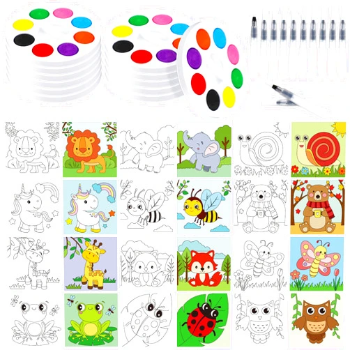 Lincia 36 Pre Drawn Canvas for Painting Set 12 Watercolor Paint Set 12 Pre Drawn Canvas 4 x 4 Inch 12 Paint Brushes Washable Watercolor Paint for Party Valentines's Gift(Multi Animals)