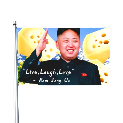 YIMBEOM Kim Jong Un Smile Live Laugh Love with Cheese Flag 3x5 Ft Garden Flags Welcome Home Banner Wall Hanging Tapestry for Guys Room College Dorm, 3 x 5 Feet