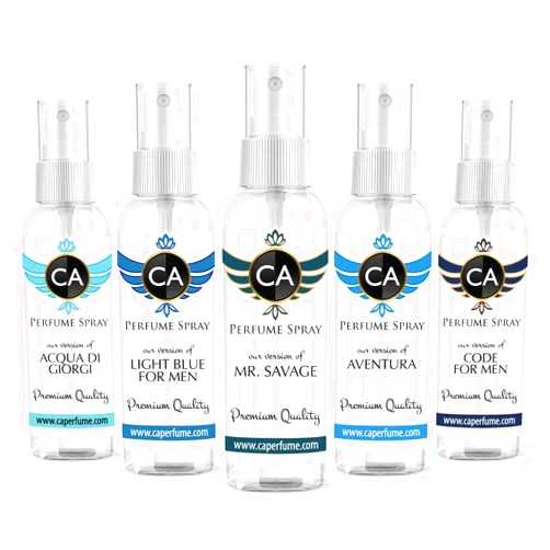 CA Perfume Best Spring Men Set Impression of (Light Blue + Mr.Savage + Code + Aventura + Aqua Di Giorgi) Fragrance Sample Travel Size Parfum Sprayer (2 Fl Oz/60 ml) x 5