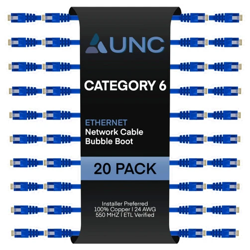ClearFit uCore 20 Pack - 2ft Cat 6 Ethernet Cable Bubble Boot, 24AWG, Booted, Cat6 Patch Cable, Molded, Cat6 Patch Cord, 2 Foot, Blue