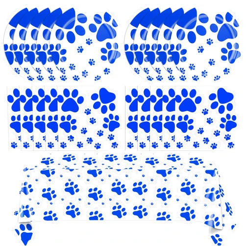 Xiliconie 41PCS Blue Dog Paw Prints Birthday Party Supplies Include Plates Napkins Tablecloth Pet Party Decorations for Puppy Theme Party Picnic Baby Shower