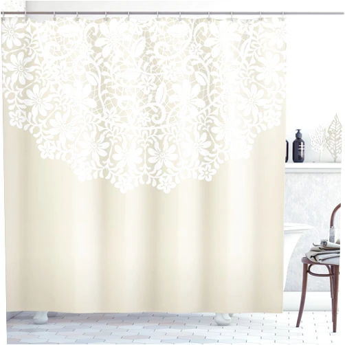 Lunarable Cream Shower Curtain, Mandala Inspired Round Motif in Half Ornamental Flowers Graphic Lace Border Print, Cloth Fabric Bathroom Decor Set with Hooks, 69