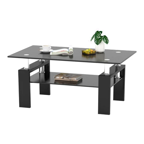 IANIYA Rectangle Tempered Glass Coffee Table Metal Tube Legs End Table for Livingroom (All Black)