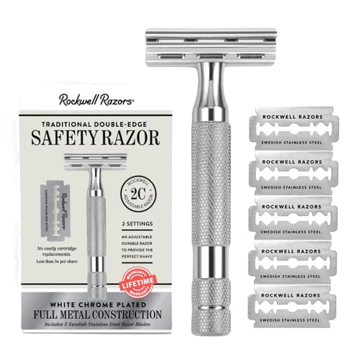 ROCKWELL RAZORS 2C White Chrome Double Edge Safety Razor With Adjustable Shave Settings and 5 Fully Recyclable Razor Blades. Reusable Safety Razors for Men and Women.