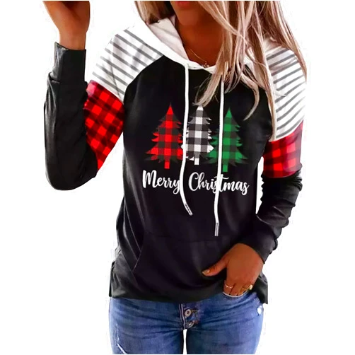 LLHXRUI Merry Christmas Buffalo Plaid Tree Striped Splicing Hoodie Shirt Blouse for Women Christmas Color Block T Shirt Top