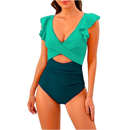 Generic Women's Ruffle Sleeve One Piece Swimsuit Vneck Tummy Control Bathing Suits Cutout High Waisted Outdoor Beach Swimwear