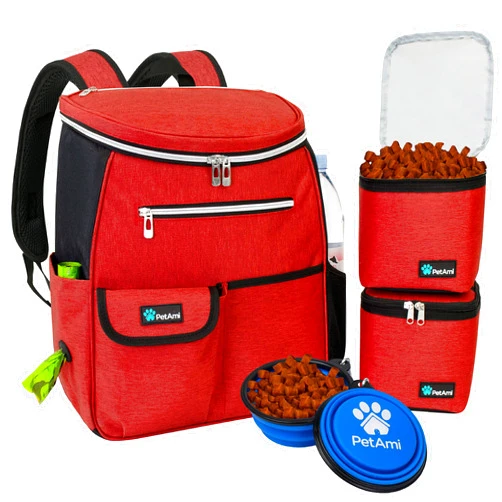 PetAmi Dog Travel Bag Backpack, Airline Approved Dog Bags for Traveling, Puppy Diaper Bag Supplies, Pet Camping Essentials Hiking Accessories Dog Mom Gift, Food Container, Collapsible Bowls, Red