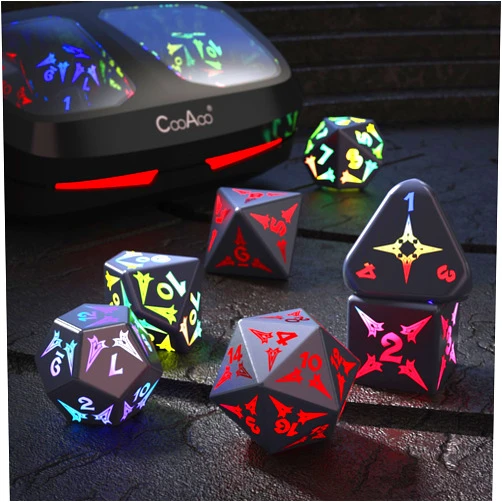 CooAoo Light Up DND Dice Set, Wireless Rechargeable Glowing Dice with Charging Box, 7 PCS Electronic Dice Set, LED RGB Polyhedral Role Playing D&D Dice for Dungeons and Dragons PRG MTG Games (Sword)