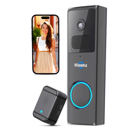 Hiseeu Wireless Doorbell Camera with Chime, Voice Changer, 2MP Video, PIR Detection, 100% Wire-Free Battery Powered, Anti-Theft Alarm, Night Vision, SD/Cloud Storage, Alexa/2.4Ghz Wifi Compatible.
