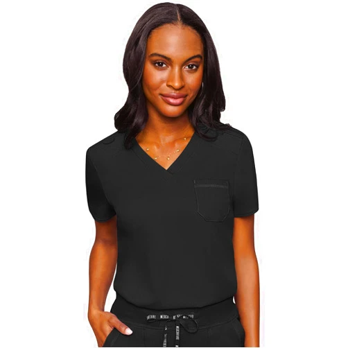 Med Couture Women's V-Neck Scrub Top, Modern Fit Tuck-in Top with Stretchy Rib-Knit Shoulders and Chest Pocket - MC7448