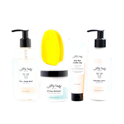 Tubby Todd Baby Cradle Cap Solution - The Bye-Bye Cradle Cap Kit - Cradle Cap Gel 1.8 Oz, Shampoo + Body Wash 8.5 Oz, Lotion 8.5 Oz, All Over Ointment 3.5 Oz, & Cradle Cap Brush - Fragrance-Free