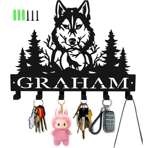 ShowMtheM Personalized Key Hooks for Wall,Custom Name Mighty Wolf Key Holder Wall Mounted,Fashion Coat Rack,Metal Key Hanger with Hooks,Key Rack Organizer for Entryway,Hallway,Doorway