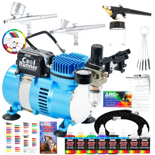 Master Airbrush Cool Runner II Dual Fan Air Compressor Professional Airbrushing System Kit with 3 Airbrushes, Gravity and Siphon Feed - 6 Primary Opaque Colors Acrylic Paint Artist Set - How to Guide