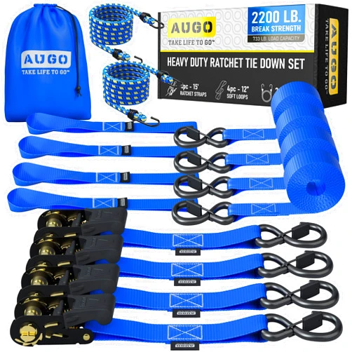 AUGO Ratchet Straps Heavy Duty 4 Pack -15 FT - 2200 LB Break Strength – Ratchet Tie Down Straps with Safety Lock S Hooks - Cargo Straps for Moving, Appliances, Motorcycle – Soft Loop Tie Down Straps