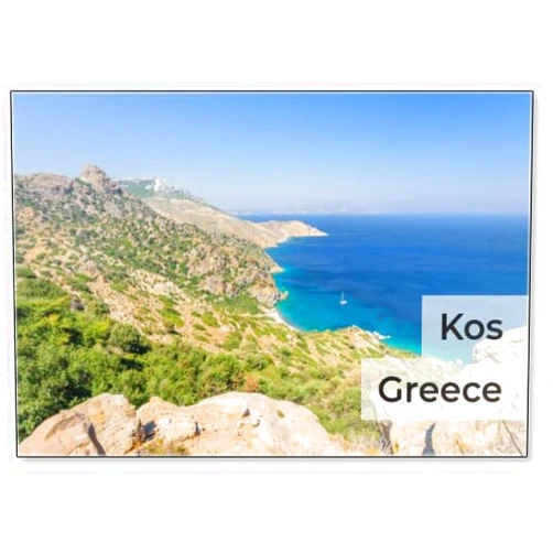 Photomagnet Beautiful Sunny Coast View to The Greek Mediterranean Blue Sea with Crystal Clear Water and Pure Sandy Beach Empty Place with Some Mountains Rocks Surrounded, Kos, Dodecanese, Design 4, Fridge Magnet