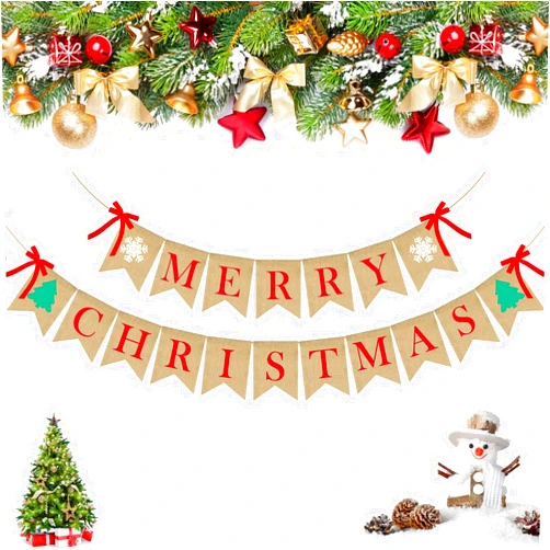 PACETAP Merry Christmas Banner Burlap,Christmas Fireplace Banner Christmas Wall Banners,Christmas Tree Decor,Christmas Home Chimney Indoor Decorations, Christmas Chimney Banner with 4 Red Bows