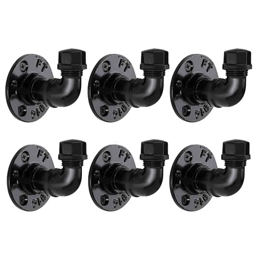 Pynsseu Industrial Pipe Hooks 6 Pack, Iron Robe and Towel Hook, Heavy Duty DIY Wall Mounted Rustic Coat Hanger Hat Holder, Matte Black Hook