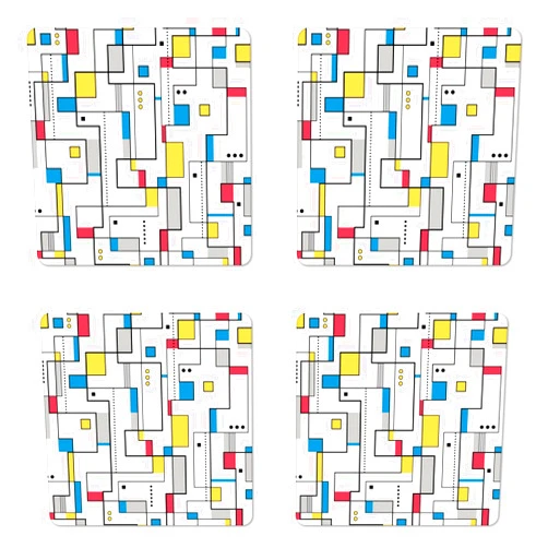 Lunarable Abstract Coaster Set of 4, Pattern with Geometric Minimalistic Modern Contemporary Art Elements, Square Hardboard Gloss Coasters for Drinks, Pink Yellow White Black